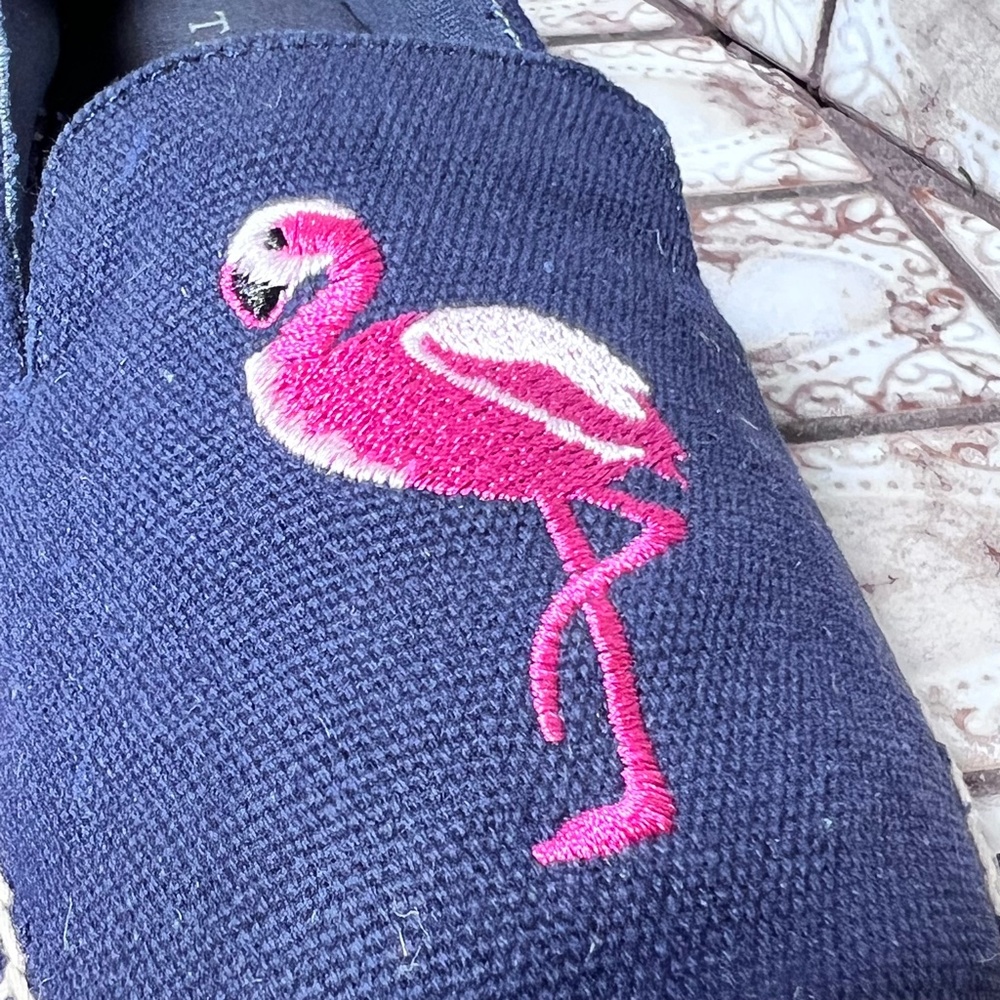 TALBOTS Women's Navy Canvas with Pink FLAMINGO Espadrilles Slip-On Sz 8M - Picture 3 of 7